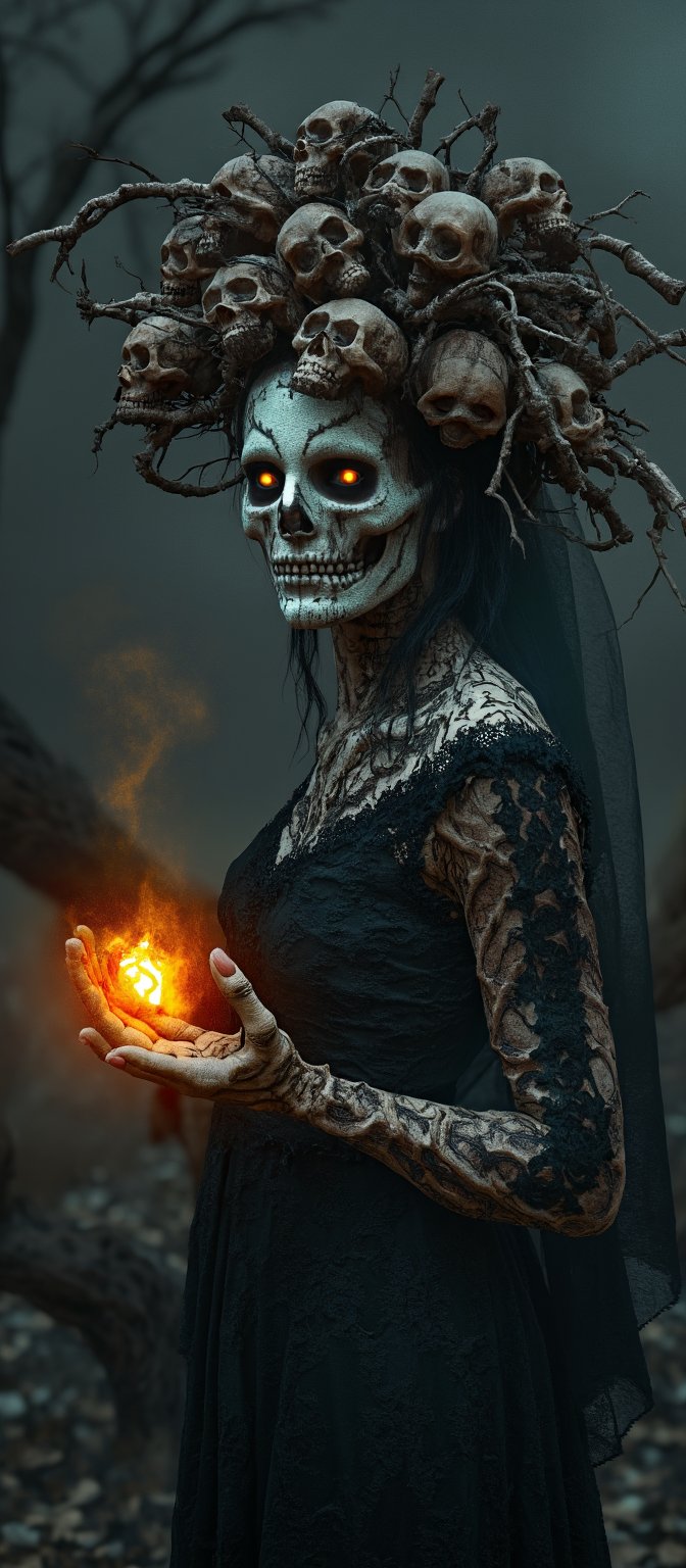 Generate hyper realistic image of a dark, haunting woman with macabre and mystical features. Her face is eerie and skeletal, covered in intricate patterns that resemble roots and vines, giving it a decaying, earthy appearance. Her eyes glow a bright, fiery orange. She is wearing crown-like headpiece made of twisted branches and skulls. The branches fan out from her head, some of them resembling gnarled tree roots, while numerous skulls are embedded within the design. Her clothing is dark and lacy, resembling an ancient, decayed wedding dress. The delicate lace details are contrasted by the rough, bark-like textures that blend into her skin. Her hands are elongated and bony, with sharp, claw-like fingers. Her body is mostly obscured by her dark clothing and the glowing energy she manipulates. The background is dark and shrouded in mist, with faint outlines of twisted trees and decaying branches.