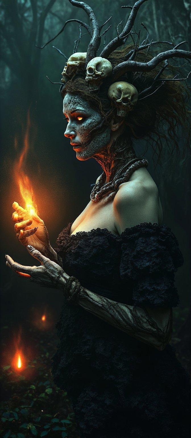 Generate hyper realistic image of a dark, haunting woman with macabre and mystical features. Her face is eerie and skeletal, covered in intricate patterns that resemble roots and vines, giving it a decaying, earthy appearance. Her eyes glow a bright, fiery orange. She is wearing crown-like headpiece made of twisted branches and skulls. The branches fan out from her head, some of them resembling gnarled tree roots, while numerous skulls are embedded within the design. Her clothing is dark and lacy, resembling an ancient, decayed wedding dress. The delicate lace details are contrasted by the rough, bark-like textures that blend into her skin. Her hands are elongated and bony, with sharp, claw-like fingers. Her body is mostly obscured by her dark clothing and the glowing energy she manipulates. The background is dark and shrouded in mist, with faint outlines of twisted trees and decaying branches.