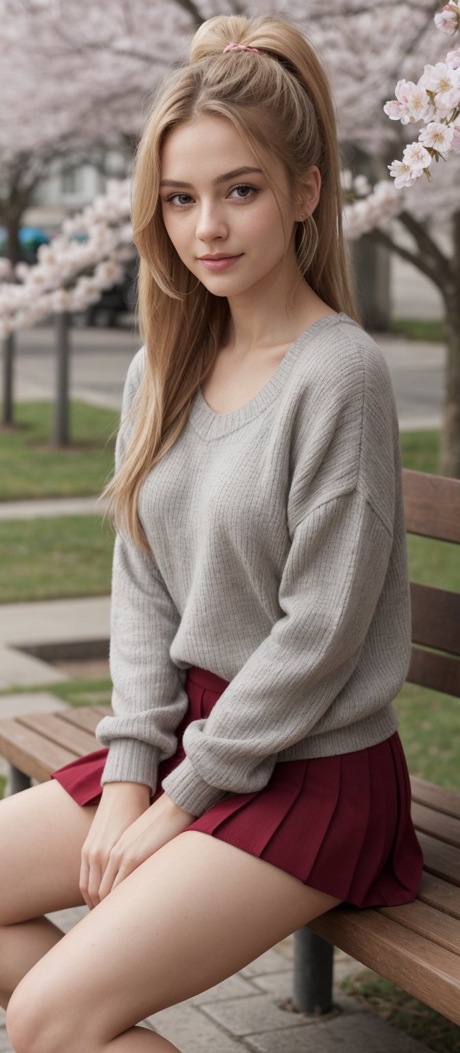 Generate hyper realistic image of a woman with long,  blonde hair styled in a ponytail adorned with a hair bow. She sits o...
