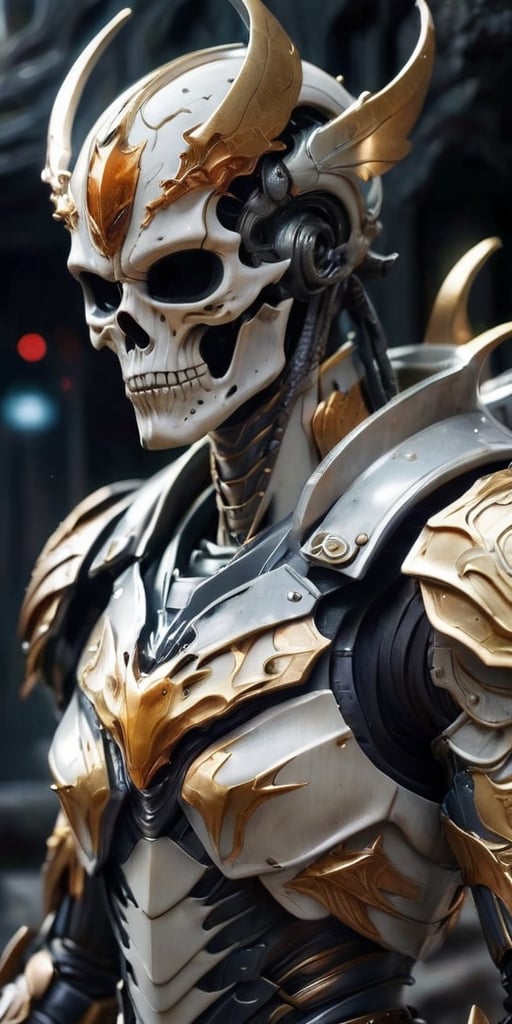 Generate hyper realistic image of a fearsome alien warrior dons a suit of armor constructed entirely from the bones and sk...