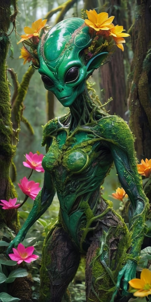 Generate hyper realistic image of an alien. they have a robust,  quadrupedal body covered in bark-like skin that blends se...