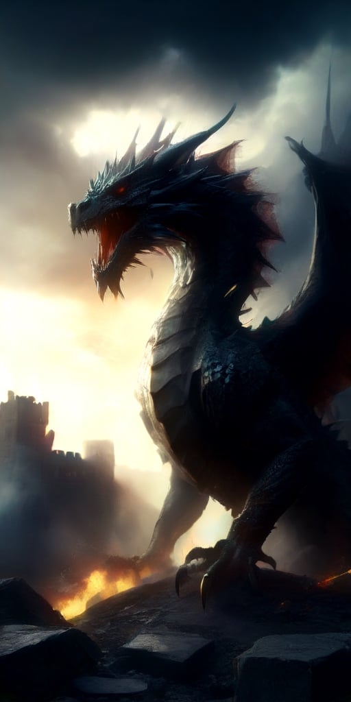 Generate hyper realistic image of an enormous dragon with razor-sharp fangs and talons, its scaly wings blotting out the sun as it descends upon a castle, its fiery breath reducing stone walls to rubble and striking fear into the hearts of all who witness its wrath.,Dragon,itacstl