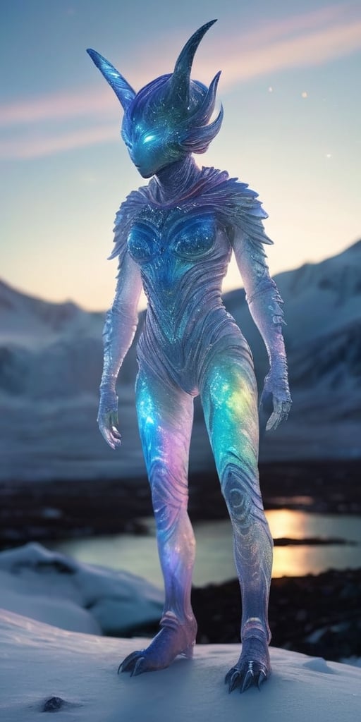 Generate hyper realistic image of a creature from a distant moon,  where the surface is covered in icy terrain. Visualize...