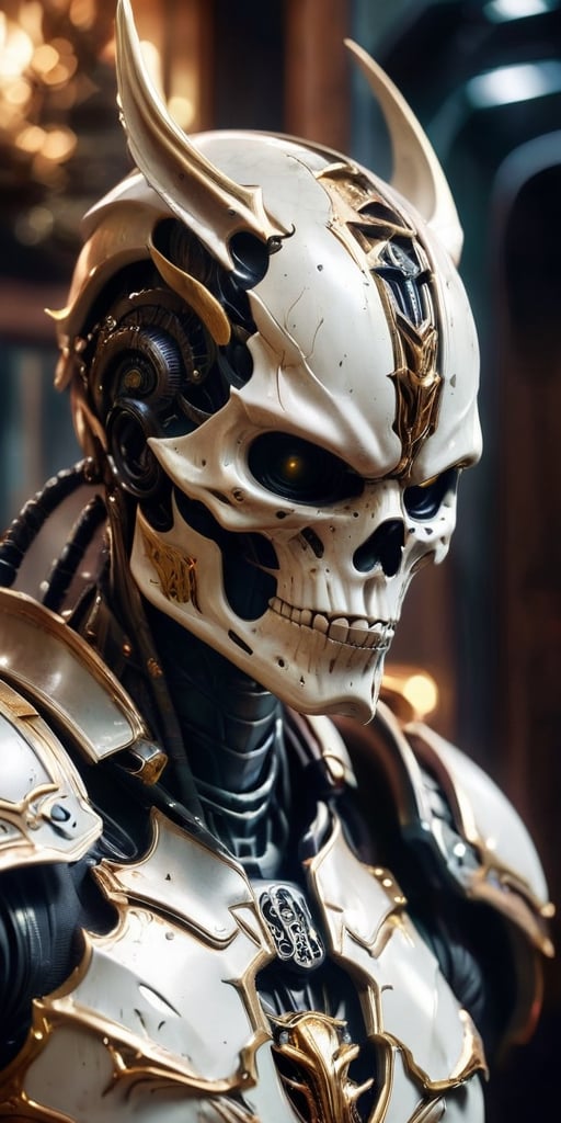 Generate hyper realistic image of a fearsome alien warrior dons a suit of armor constructed entirely from the bones and sk...
