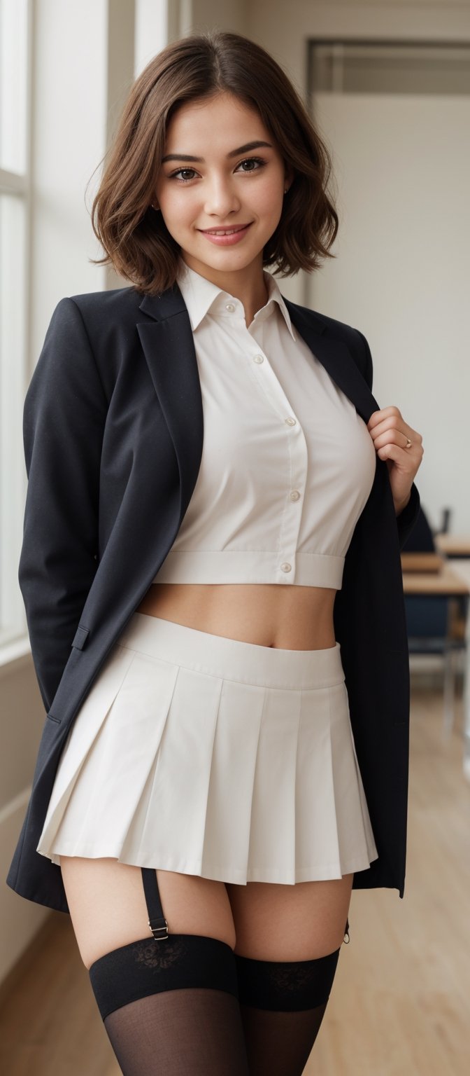 Generate hyper realistic image of a woman in a school uniform,  her short blonde hair framing her face as she smiles at th...