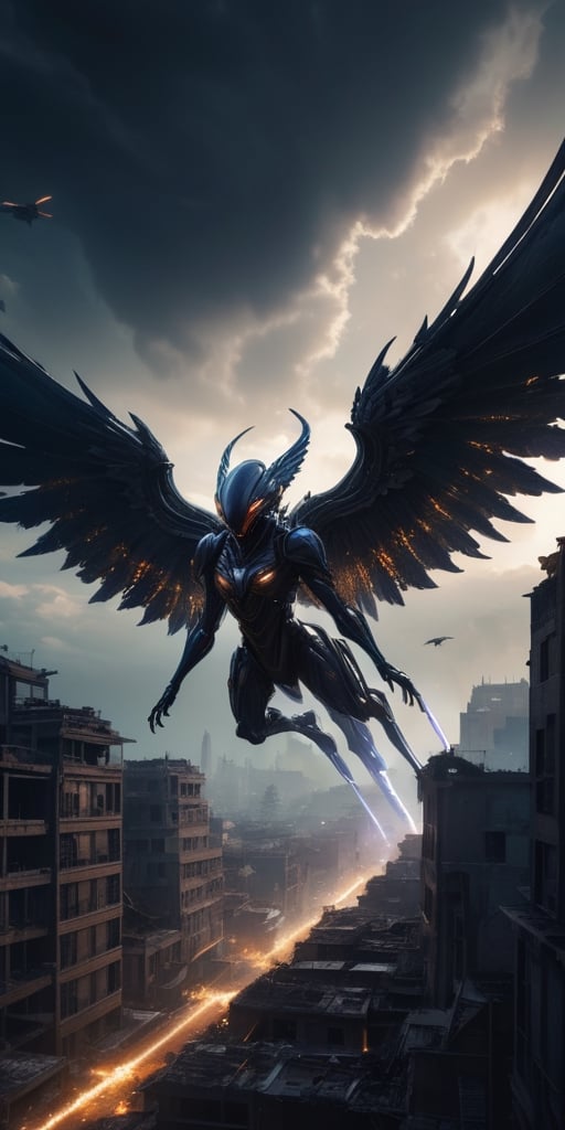 Generate hyper realistic image of alien entities with biomechanical wings,  soaring through the darkened skies as they unl...