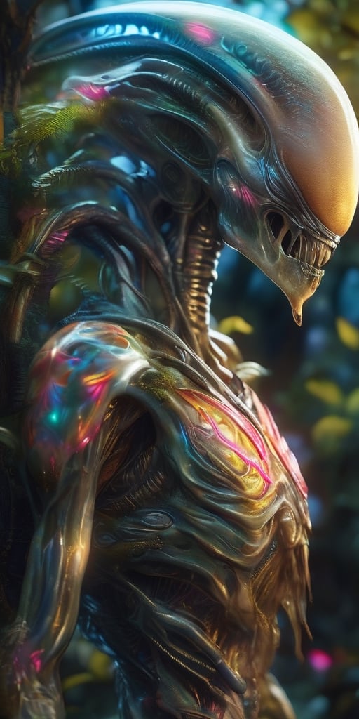 Generate hyper realistic image of a alien lurking among the trees. Its bony exoskeleton is adorned with vibrant,  biolumin...