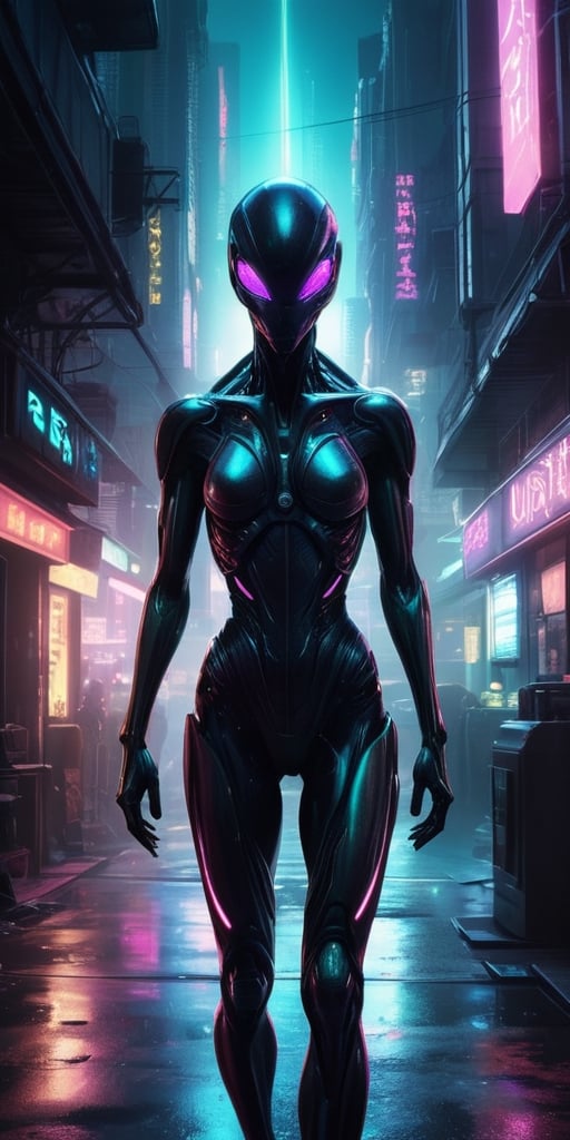 Generate hyper realistic image of a scene featuring a cybernetically enhanced alien being,  their body merging with dark m...