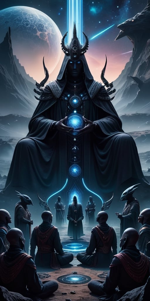 Generate hyper realistic image of a scene featuring a ritualistic gathering of intergalactic shamans,  their bodies adorne...