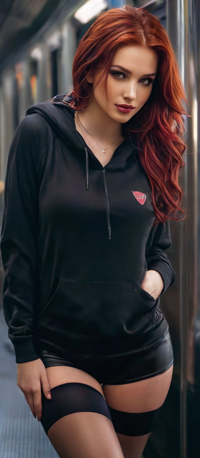 Generate hyper realistic image of a woman with flowing red hair with black strands that cascades down her back. She is loo...