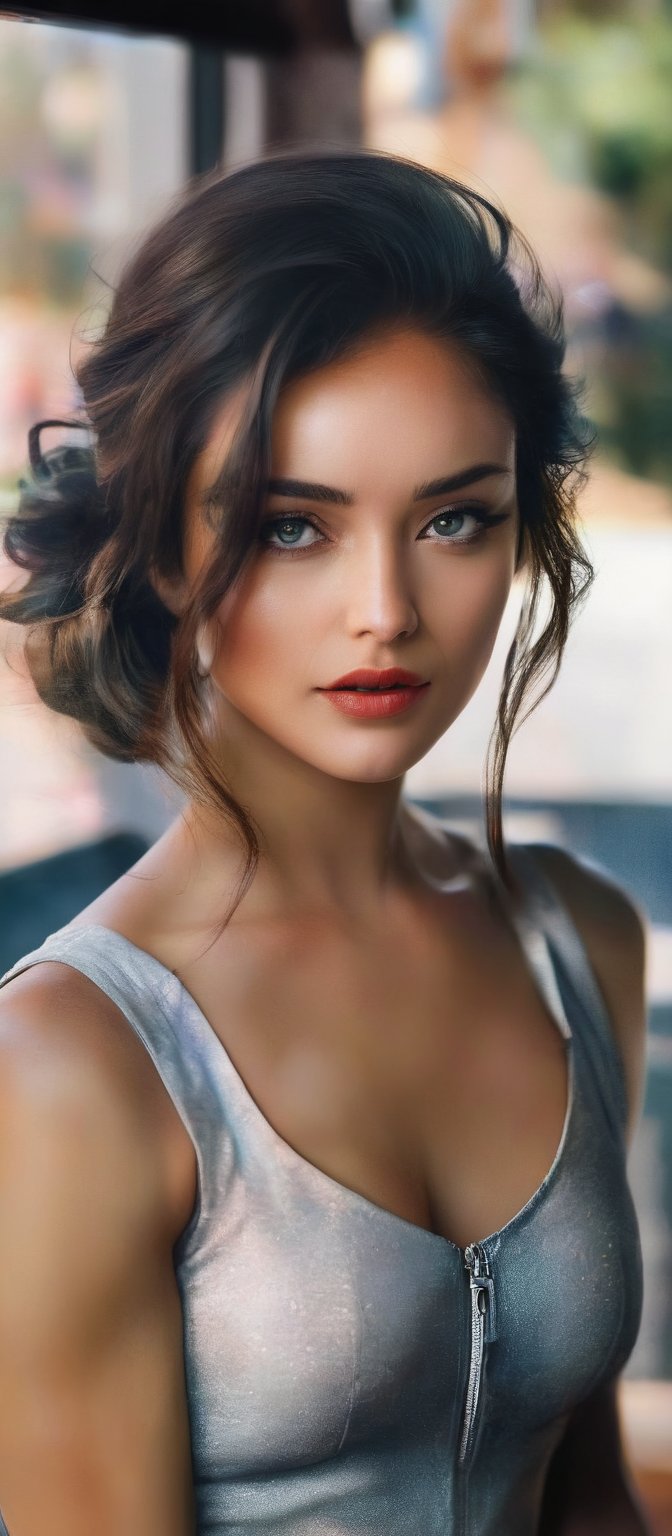 Generate hyper realistic image of a woman with long,  flowing hair sits by a window,  the sunlight casting a soft glow on...