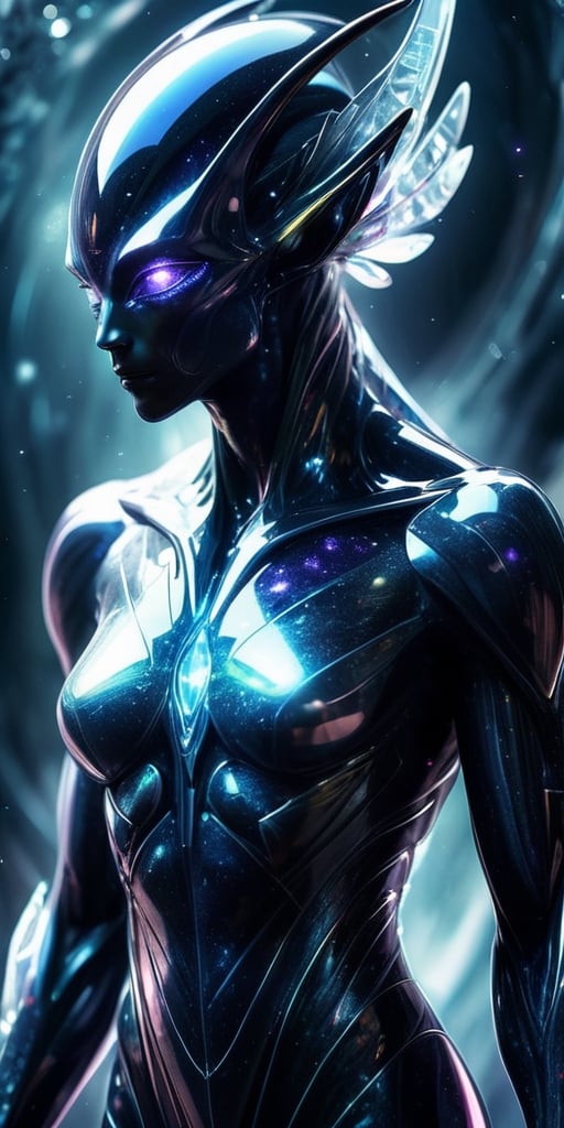 Generate hyper realistic image of a crystalline humanoid alien hybrid,  with translucent skin revealing intricate crystall...