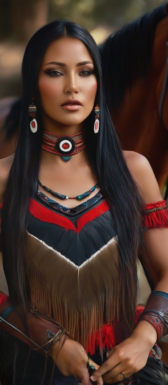 Generate hyper realistic image of a native woman exuding strength and beauty. She has long,  flowing black hair adorned wi...
