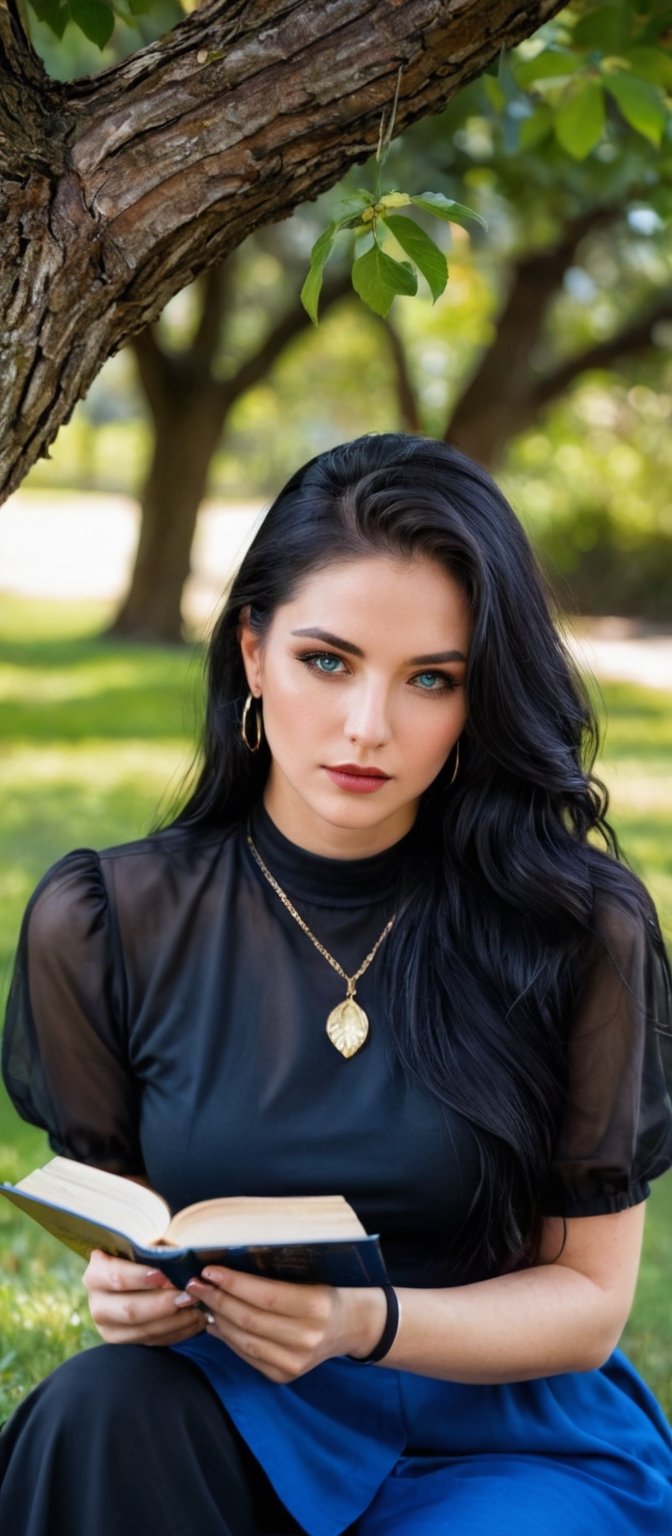 Generate hyper realistic image of a woman with long, black hair sitting outdoors beneath a tree, wearing a black shirt with short sleeves. She's holding an open book, her blue eyes looking directly at the viewer, with hoop earrings adorning her ears. A cat sits beside her, and she wears a necklace and bracelet, her lips subtly curved as if she's absorbed in reading.