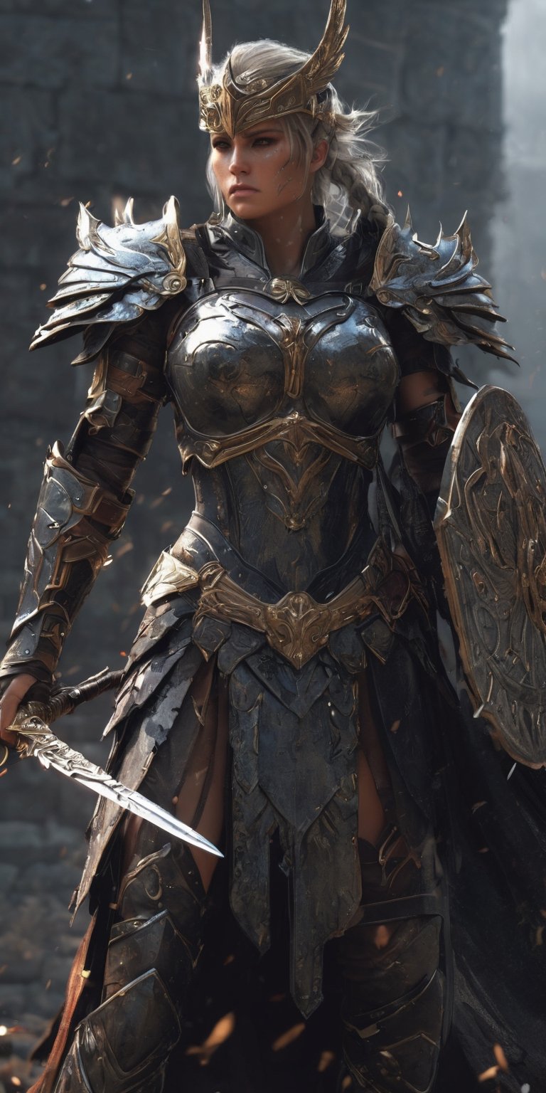 Generate hyper realistic image of a valkyrie corrupted by malevolent forces,  her once-glorious armor now tainted,  wieldi...