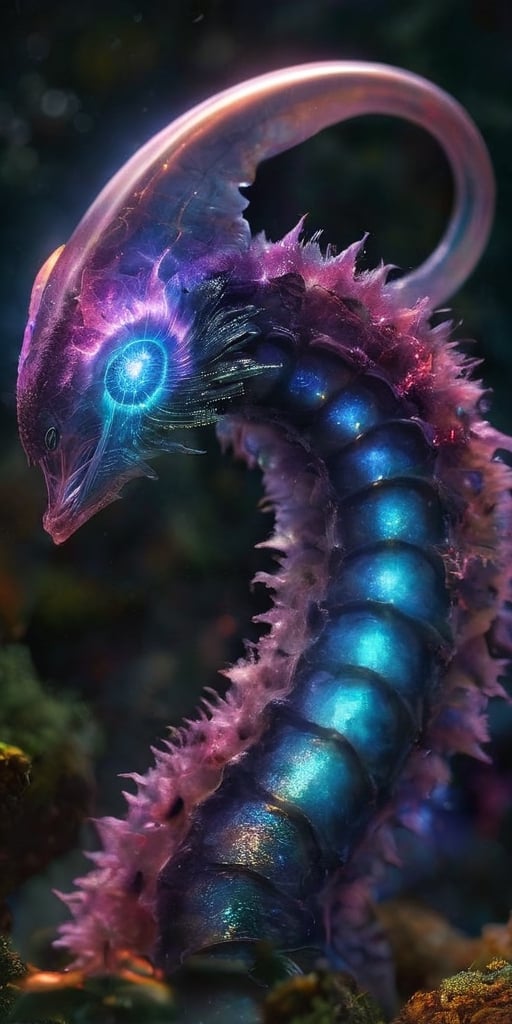 Generate hyper realistic image of a creature from another galaxy that defies conventional taxonomy. Describe its amorphous...