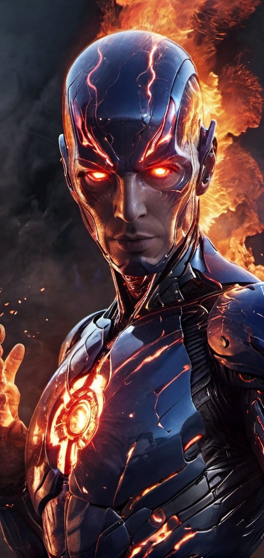 Create a image of Humanoid allien casting fire around him.male allien, red eyes , detailed face , futuristic , red and blue aura, dark lighting , ,flmngprsn,Ultron ,Monster