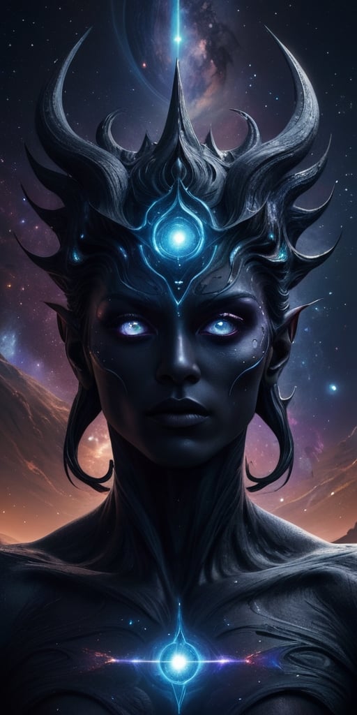 Generate hyper realistic image of a dark art portrayal of a cosmic deity with eyes that reflect the depths of space, its form merging with the cosmos, overseeing a desolate planet with twisted landscapes and eldritch energies.Extremely Realistic, up close, 