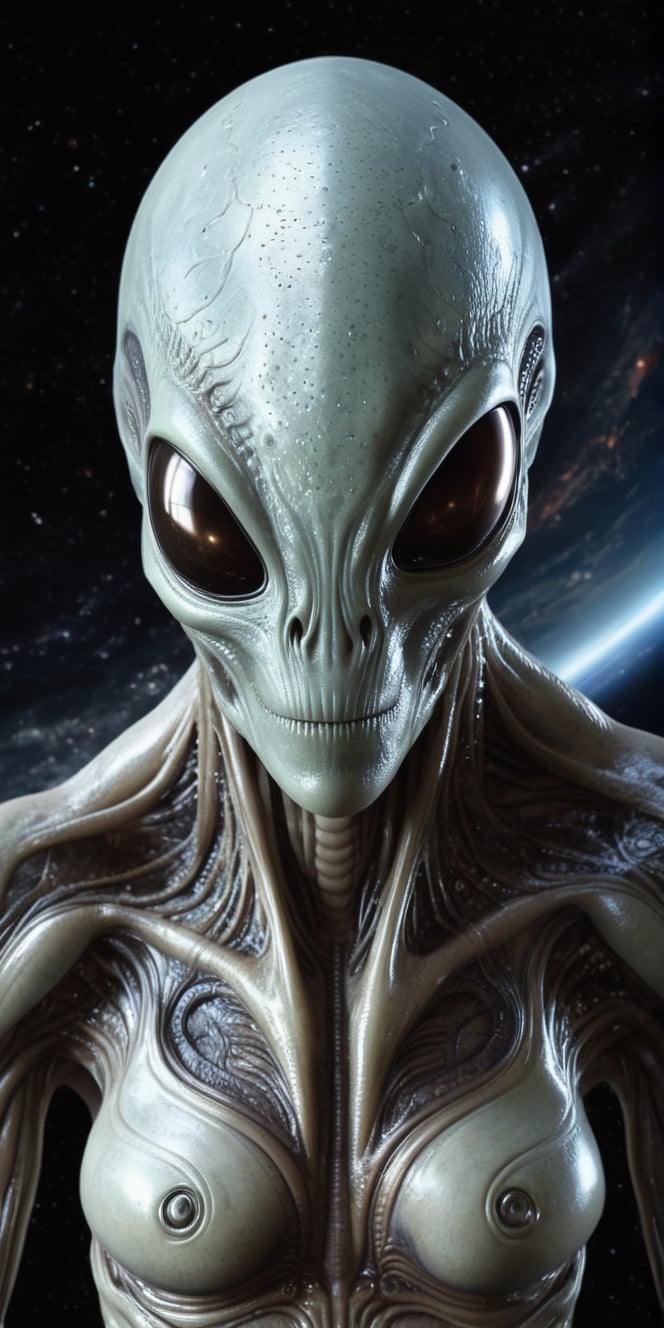 Generate hyper realistic image of an alien creature capable of manipulating its molecular structure at will. In a scene re...