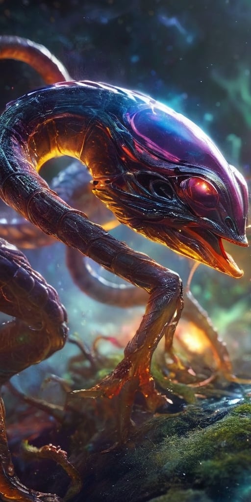 Generate hyper realistic image of a creature from another galaxy that defies conventional taxonomy. Describe its amorphous...