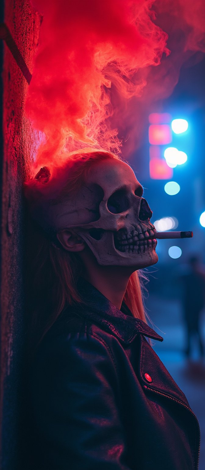 Generate hyper realistic image of a woman with skull painting on her face, leaning back against a textured wall, enveloped in thick, vibrant blue smoke. The skull is highly detailed, with visible cracks and imperfections. The woman is looking towards the sky. In its mouth, a lit cigarette burns, emitting the red smoke, which swirls around the head in an ethereal, dreamlike manner. The background is out of focus, revealing blurred city lights in a range of soft colors. The figure wears a black leather jacket with shiny, reflective surfaces. The mood is eerie yet modern, blending elements of death, urban culture, and neon lighting.