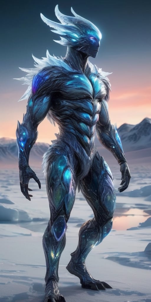 Generate hyper realistic image of a creature from a distant moon,  where the surface is covered in icy terrain. Visualize...