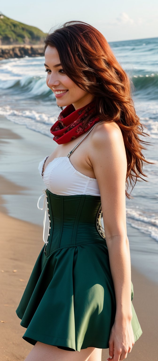 Generate hyper realistic image of lovely woman on a sandy beach, gazing at the viewer with a gentle smile. Her flowing red hair cascades in long, wavy layers over her shoulders. She is dressed in a corset-style dress with a white skirt decorated with red flowers and green leaves, highlighted by an orange corset and a red scarf. The beach setting, with waves crashing softly on one side, enhances the tranquil atmosphere, and her hair frames her face elegantly.