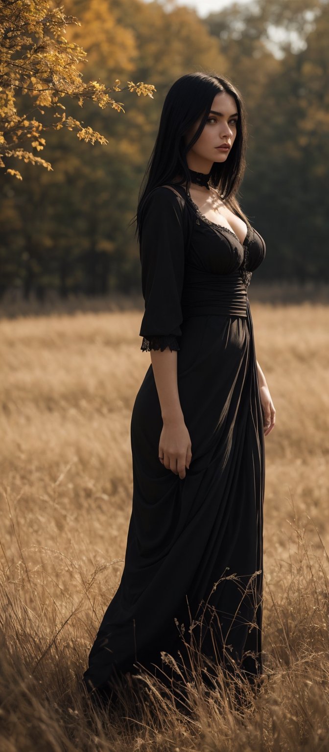 Generate hyper realistic image of a woman with flowing black hair,  draped in a gothic dress that accentuates her curves....