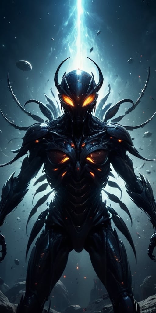 Generate hyper realistic image of a nightmarish depiction of a swarm of interdimensional insectoid creatures,  each with r...