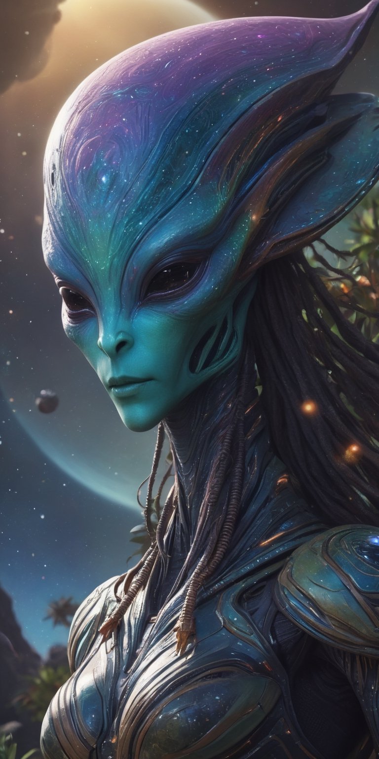 Generate an exquisitely detailed and visually captivating image of a stunning and ethereal alien,  gracefully enjoying the...