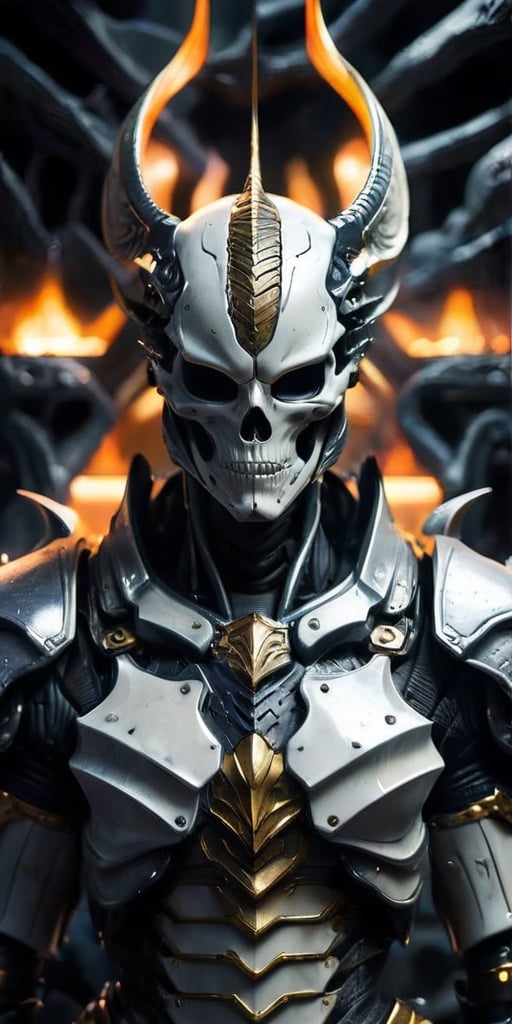 Generate hyper realistic image of a fearsome alien warrior dons a suit of armor constructed entirely from the bones and sk...