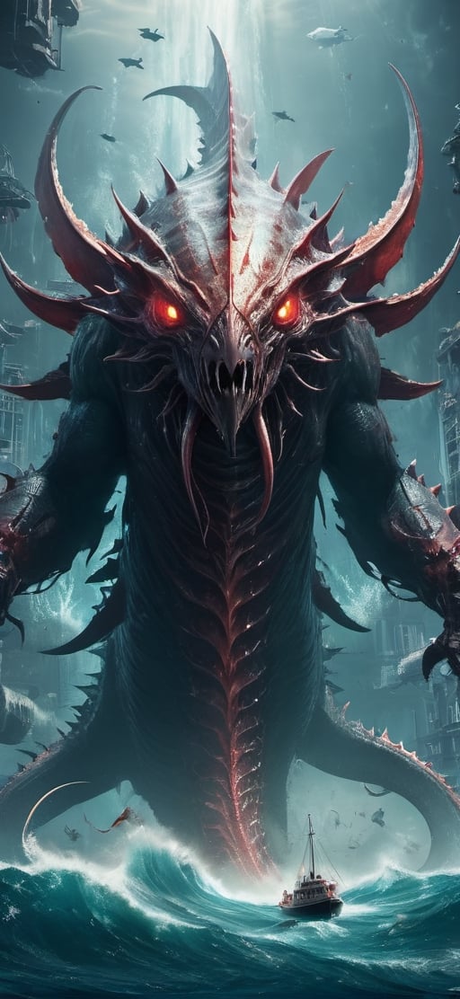 create a gigantic leviathan emerging from sea .towering over huge cruise ship,  humans in panick. humanoid body with tanta...