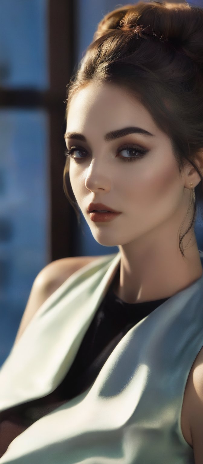 Generate hyper realistic image of a woman with long,  flowing hair sits by a window,  the sunlight casting a soft glow on...