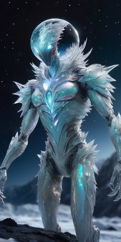 Generate hyper realistic image of a creature from a distant moon,  where the surface is covered in icy terrain. Visualize...