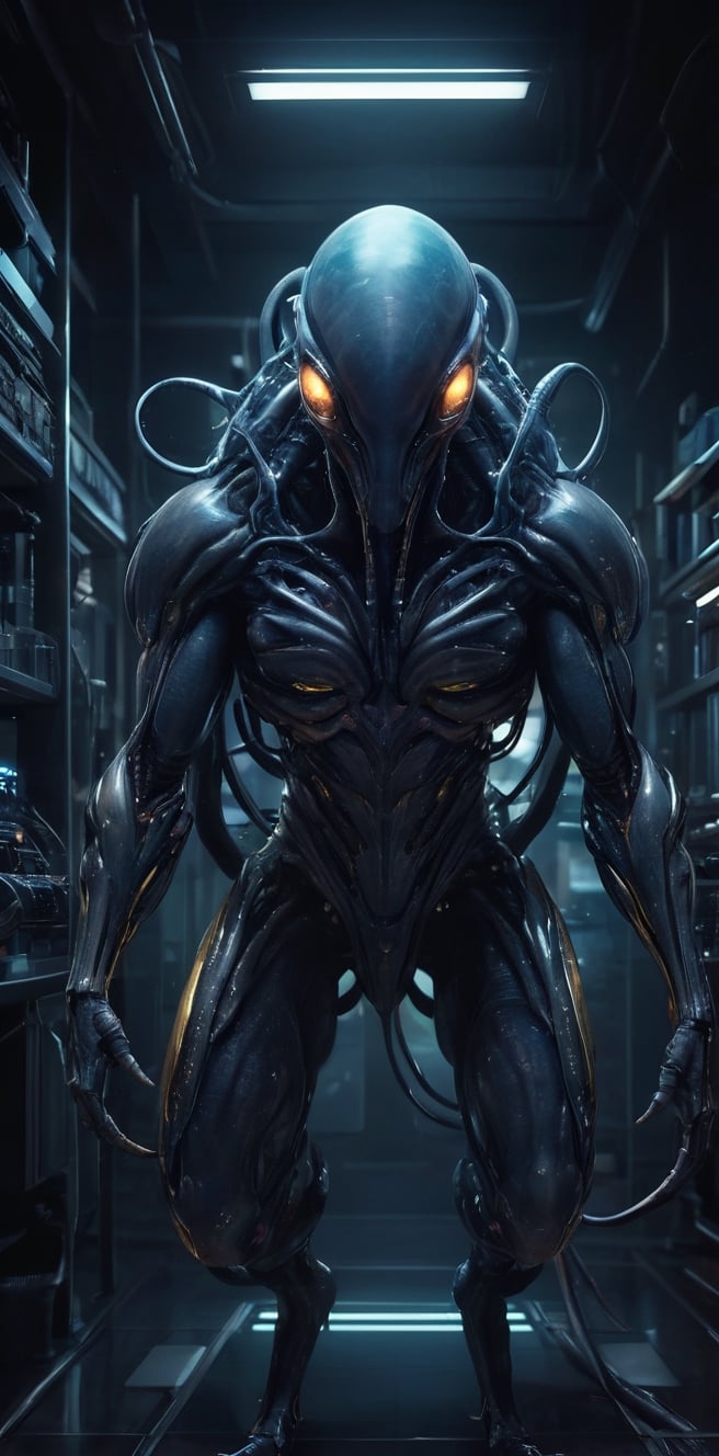 Generate hyper realistic image of a symbiotic alien parasite metamorph monster integrating with its host in a dark and fut...