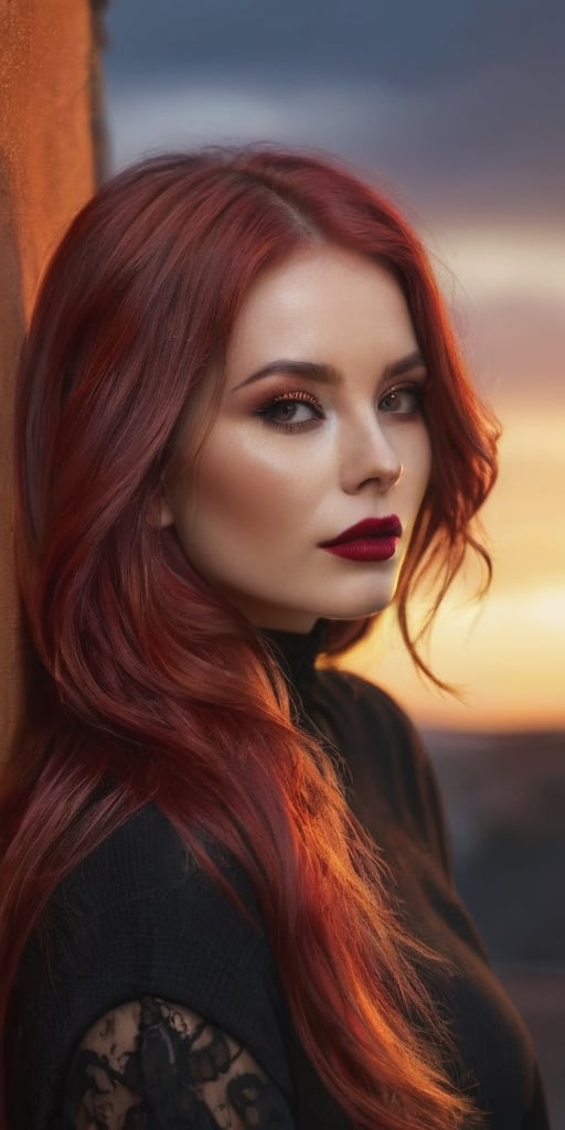 Generate hyper realistic image of a beautiful woman with lustrous red hair cascading in the warm glow of a sunset. She wea...