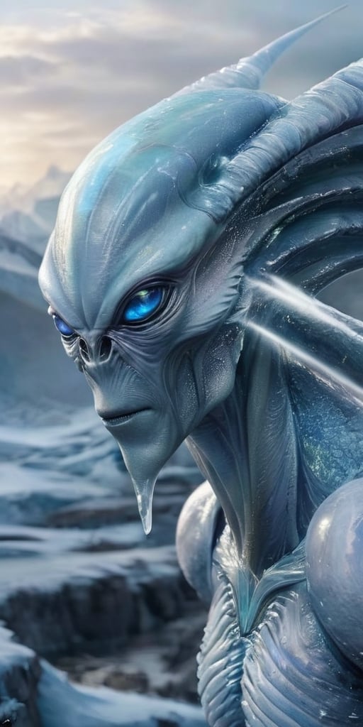 Generate hyper realistic image of an alien. they have a sleek,  mammalian body covered in a thick layer of fur that ranges...