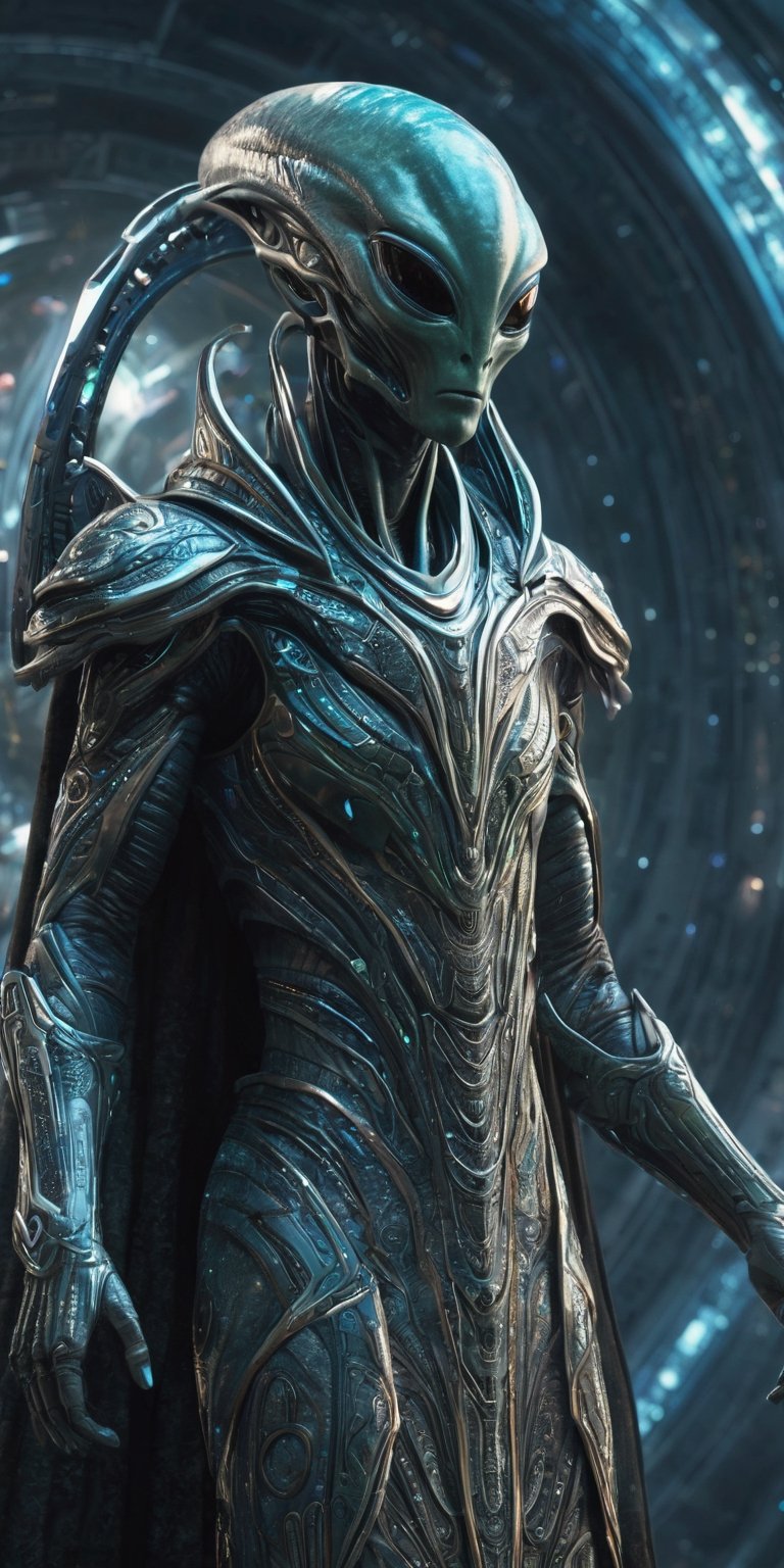 Generate hyper realistic image of an alien with mystical powers,  donned in intricate cosmic robes,  navigating a futurist...