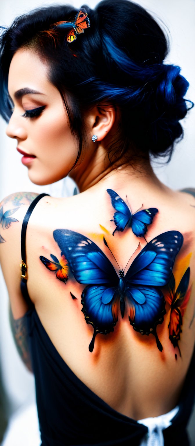 Generate hyper realistic image of  woman with a beautiful and intricate butterfly tattoo on her back. he woman is shown in profile, with her back turned towards the viewer. Her head is slightly turned to the side, giving a glimpse of her serene and thoughtful expression. Her eyes are blue. Her hair is styled in a loose, elegant updo, with a few strands softly framing her face. The hair has a luminous quality, reflecting the light in the scene. vibrant butterfly tattoo covers her upper back and shoulders. The tattoo is rendered in vivid blues and blacks, creating a dramatic contrast against her skin. Surrounding the large butterfly are smaller, glowing butterflies in shades of orange and yellow.