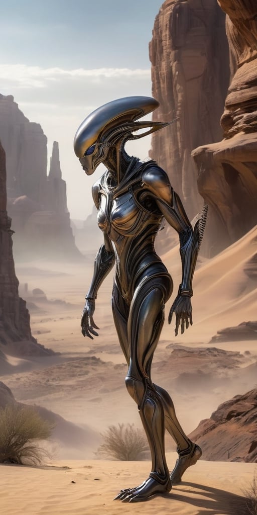 Generate hyper realistic image of an alien race with metallic,  chitinous exoskeletons,  reflecting the light in a mesmeri...