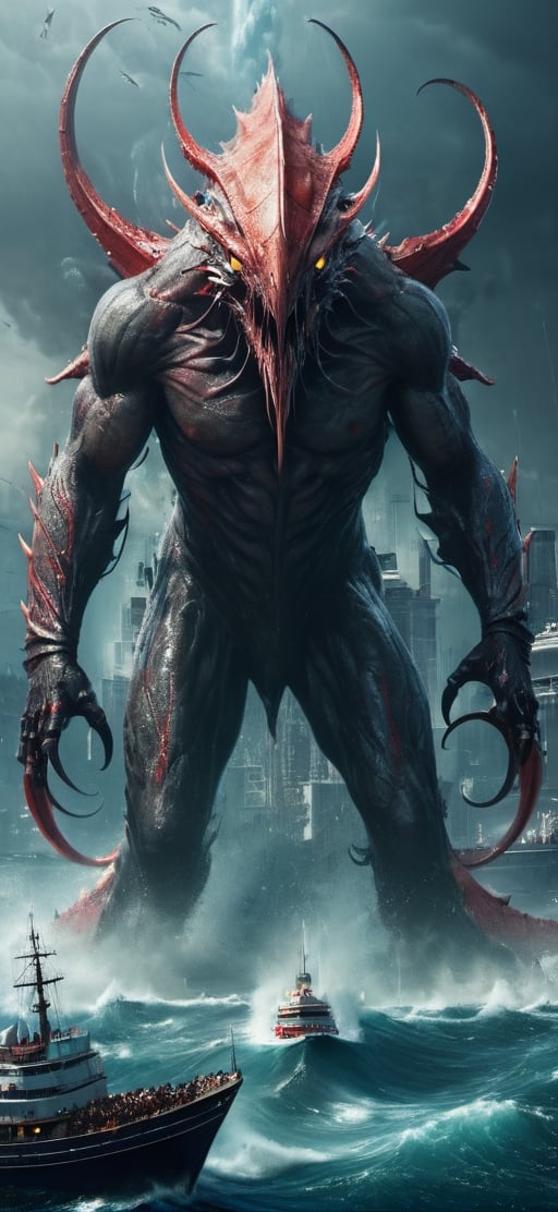 create a gigantic leviathan emerging from sea .towering over huge cruise ship,  humans in panick. humanoid body with tanta...