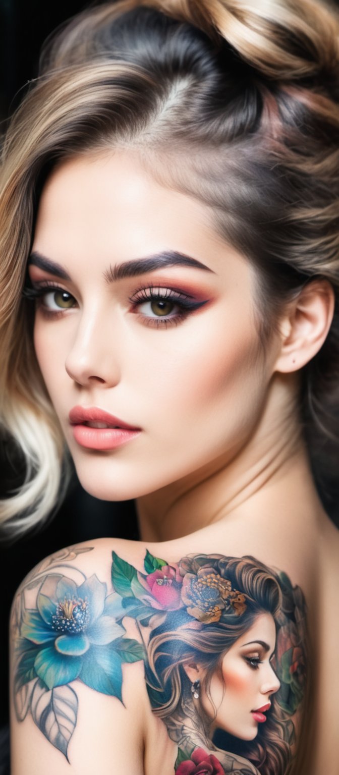 Generate hyper realistic image of a woman with an intricate and vibrant full-back tattoo. The tattoo spans the entire back...
