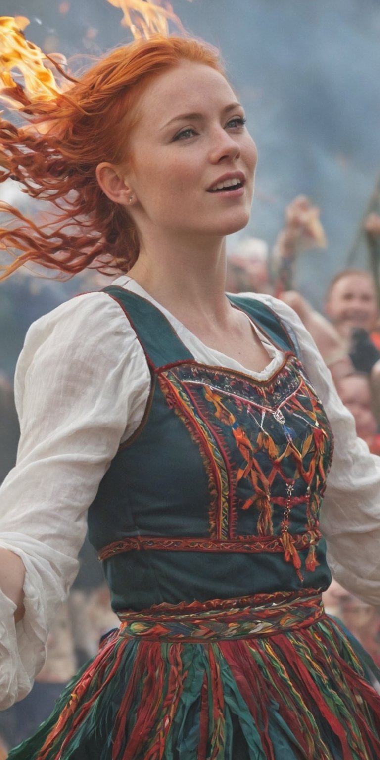 Generate hyper realistic image of a scene featuring a Nordic woman in festive attire, her flame-red hair woven with ribbons. She dances amidst a lively celebration, the vibrant colors of her dress contrasting with the lively atmosphere of a traditional Nordic festival. upper body shot,Extremely Realistic