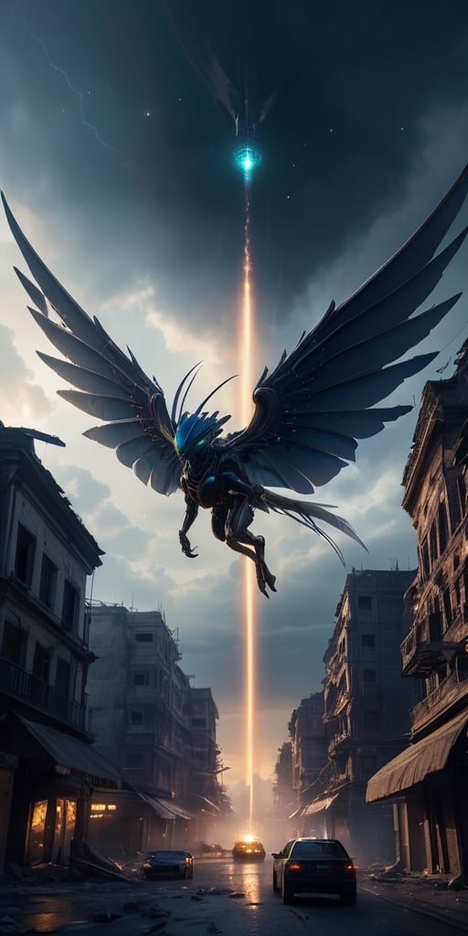 Generate hyper realistic image of alien entities with biomechanical wings,  soaring through the darkened skies as they unl...