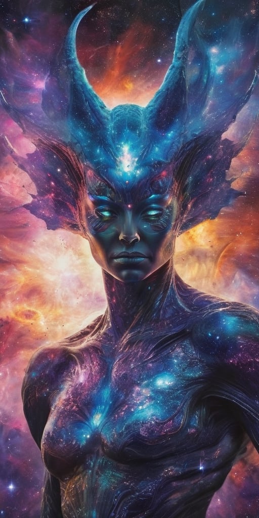 Generate hyper realistic image of Deep within the nebula,  a cosmic phenomenon occurs - a celestial being emerges. This ma...