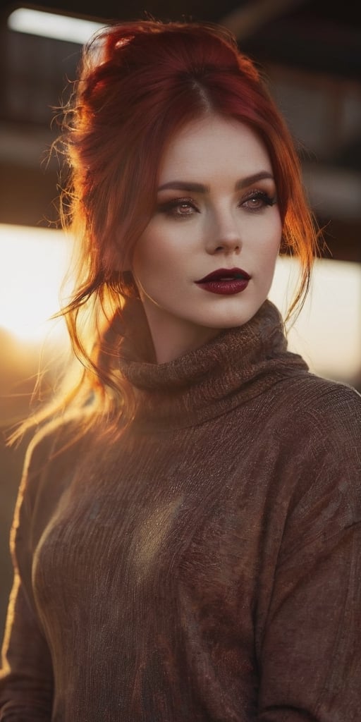 Generate hyper realistic image of a beautiful woman with lustrous red hair cascading in the warm glow of a sunset. She wea...