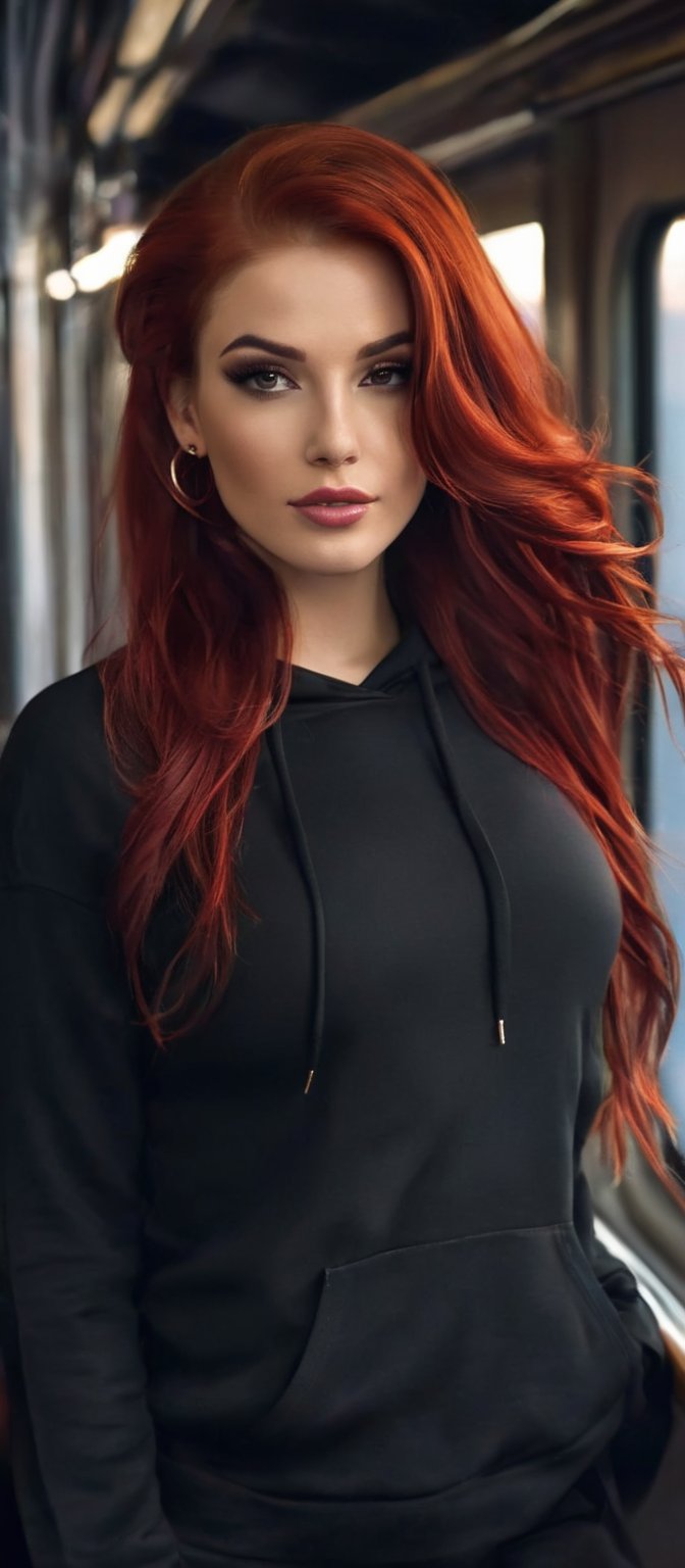 Generate hyper realistic image of a woman with flowing red hair with black strands that cascades down her back. She is loo...