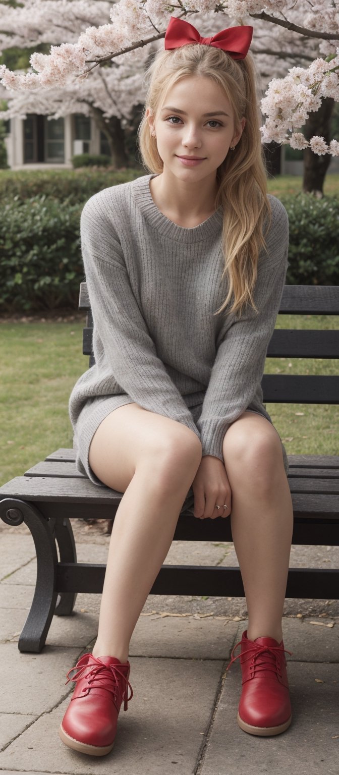 Generate hyper realistic image of a woman with long,  blonde hair styled in a ponytail adorned with a hair bow. She sits o...