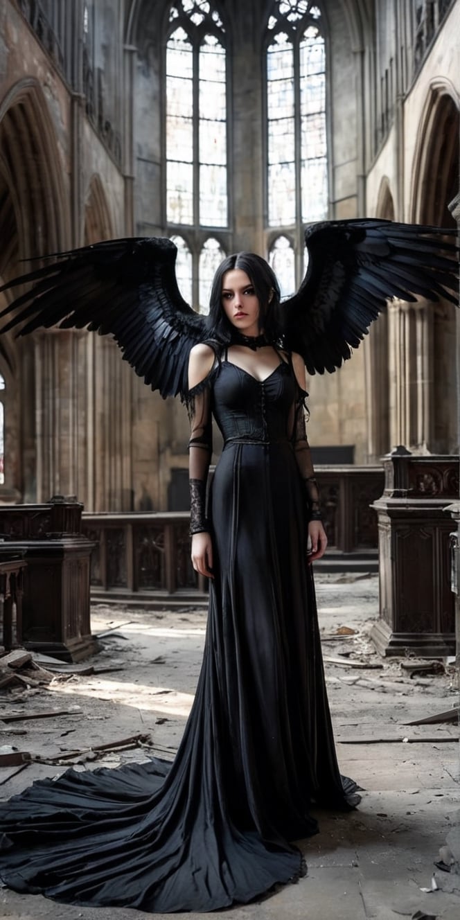 Generate hyper realistic image of a goth girl with black wings in the solemn ambiance of an abandoned cathedral. Her dark...