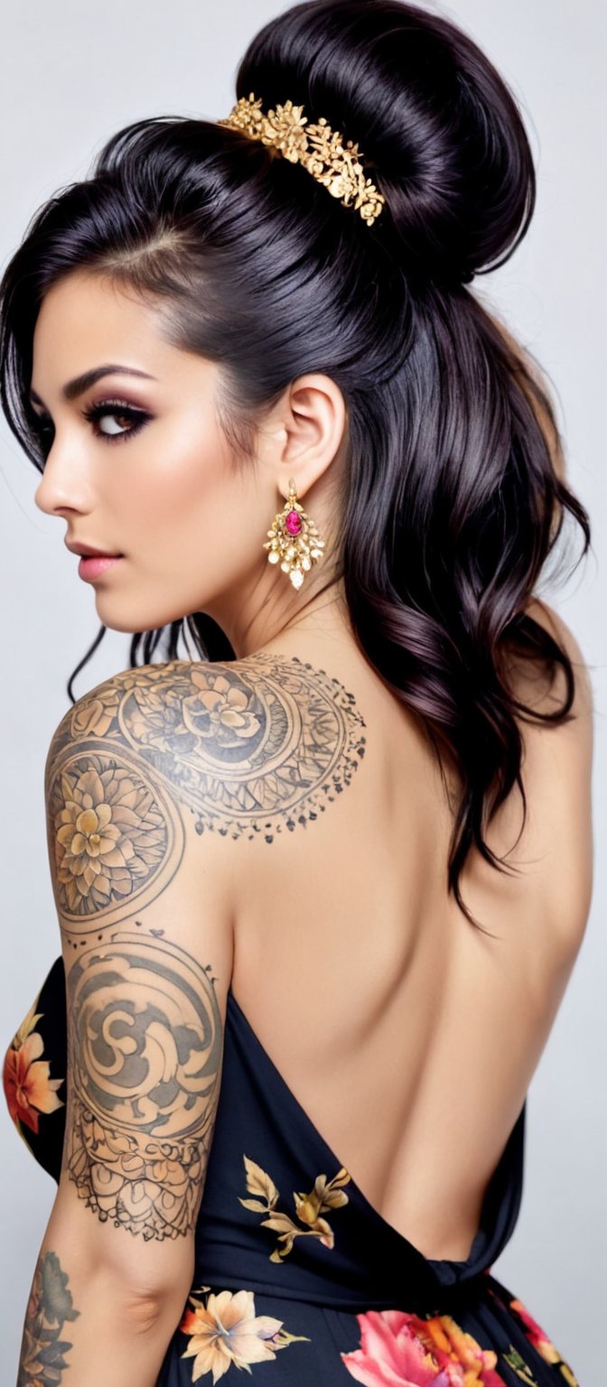 Generate hyper realistic image of a woman with an alluring and confident appearance. The woman is shown from the back,  sl...